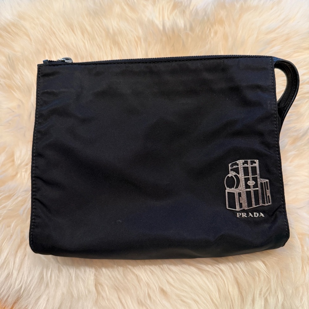 Prada‎ Black Nylon Pouch Bag with Silver Luggage Logo